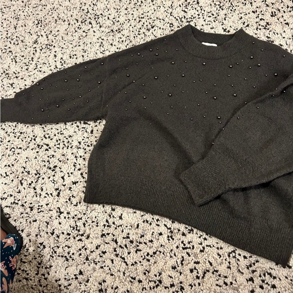 Gray Sweater with Pearl Embellishments
